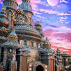 Colorful surreal cathedral with onion domes under pink-clouded sky