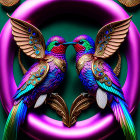 Colorful Stylized Hummingbirds Artwork on Dark Background