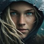 Blonde woman with blue eyes in beanie & jacket in snowy scene