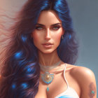 Detailed digital artwork of woman with blue hair and green eyes