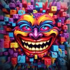 Colorful Smiling Mask Artwork with Floral and Psychedelic Patterns