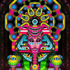 Colorful Abstract Artwork: Face with Multiple Eyes and Psychedelic Patterns