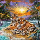 Colorful Tigers Resting Among Psychedelic Jungle Foliage