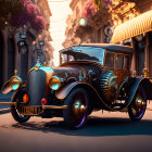 Steampunk-style vehicle with brass detailing and exposed mechanical parts on vintage street at sunset