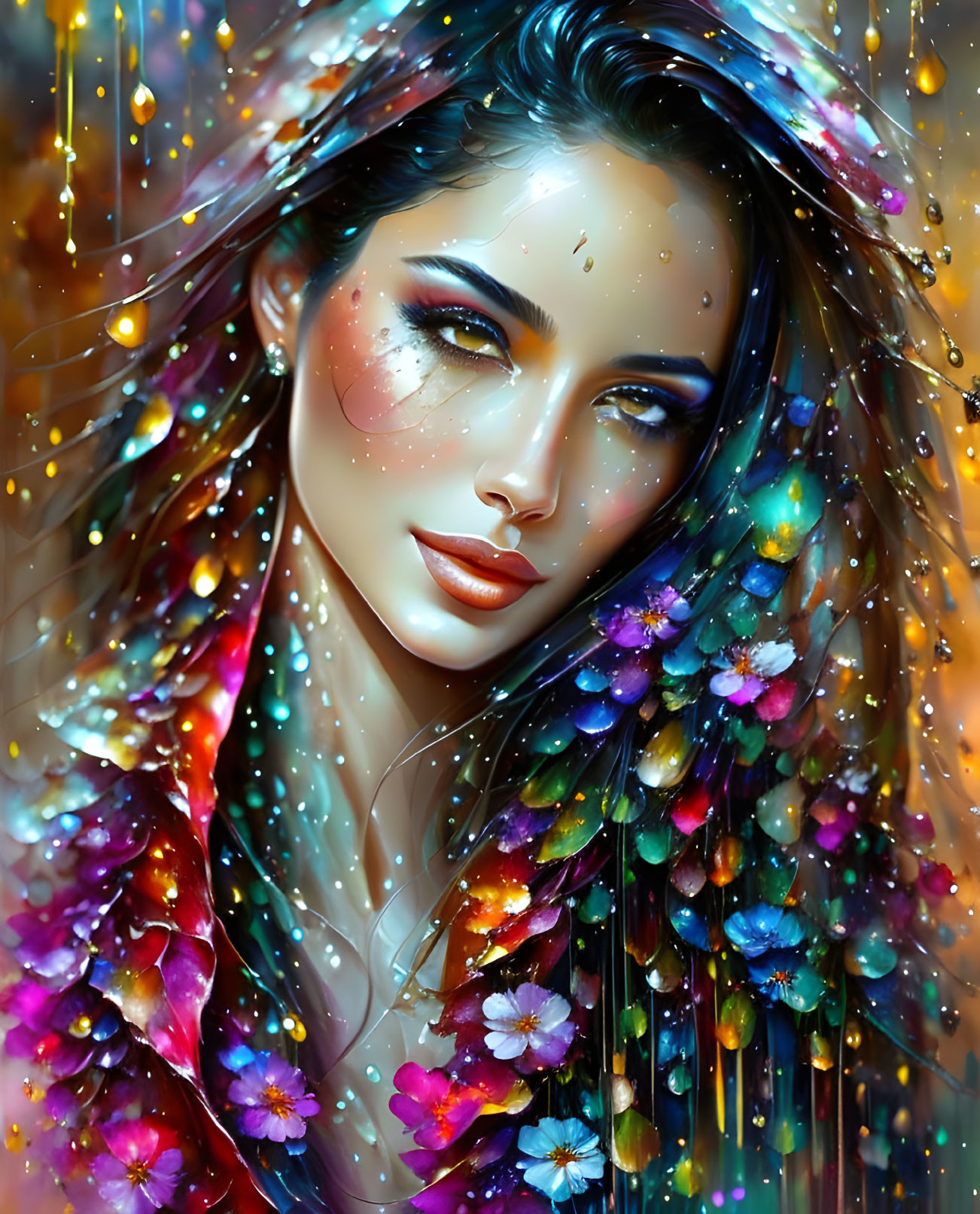 Colorful digital portrait of a woman with floral hair and sparkling rain in warm and cool tones