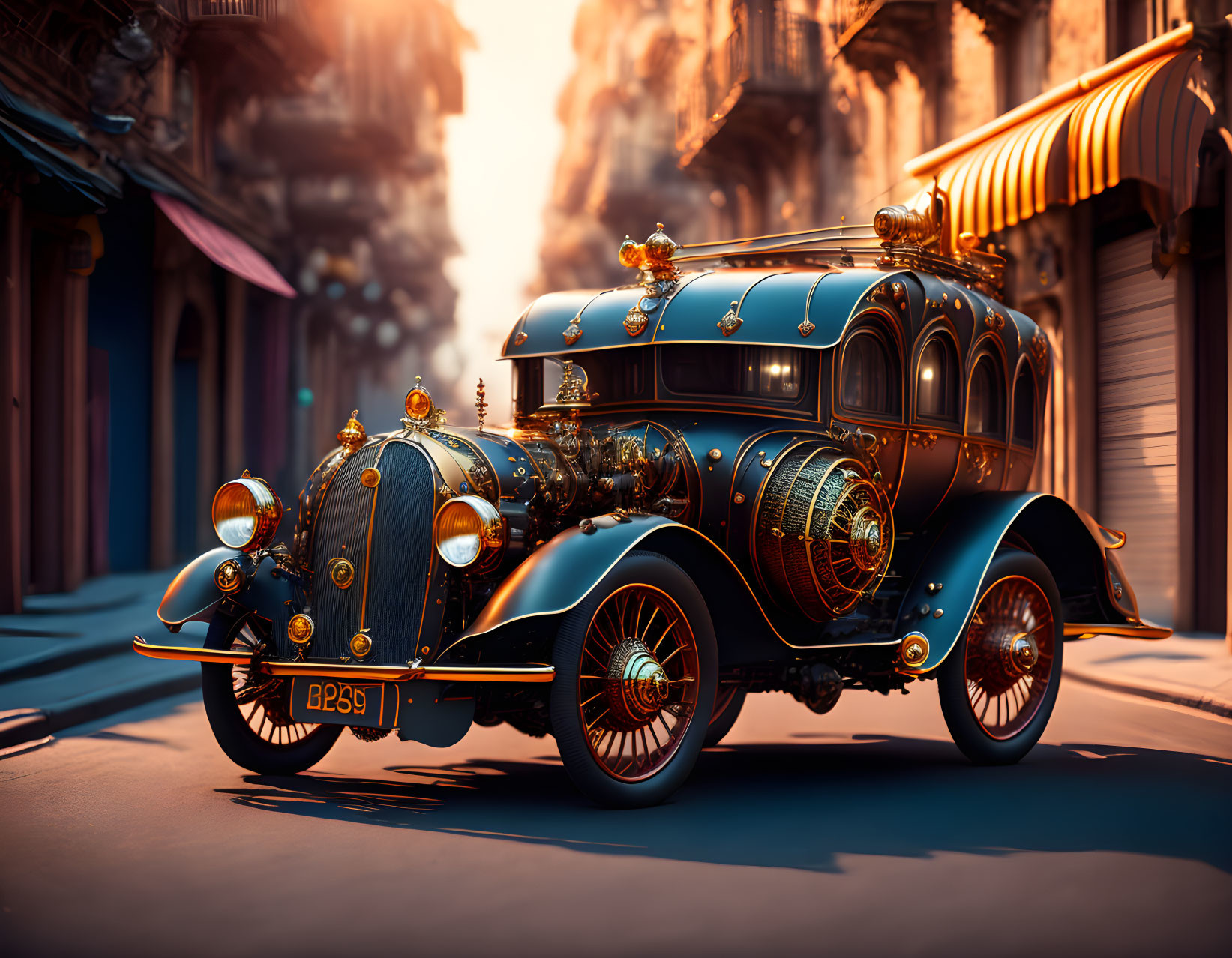 Steampunk-style vehicle with brass detailing and exposed mechanical parts on vintage street at sunset