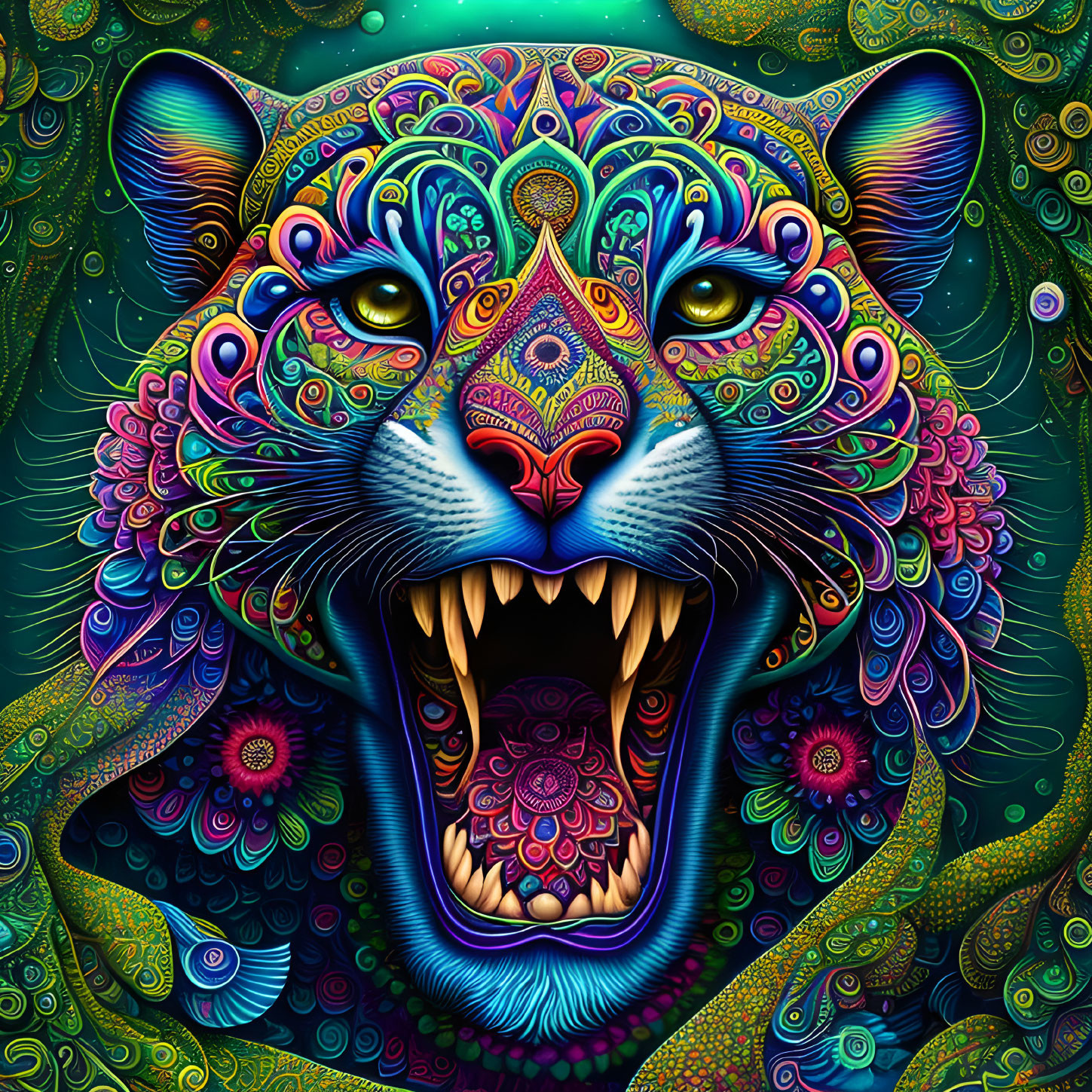 Colorful roaring jaguar digital artwork with intricate patterns