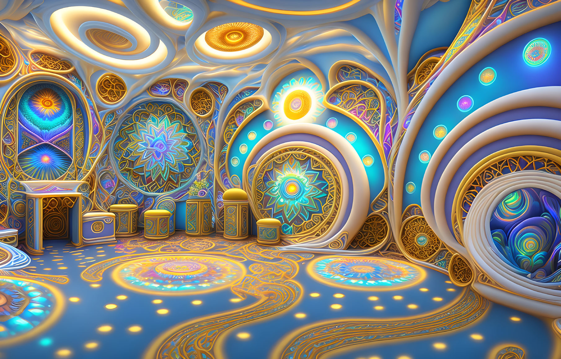 Fantastical interior digital artwork with ornate patterns in blue, gold, and turquoise