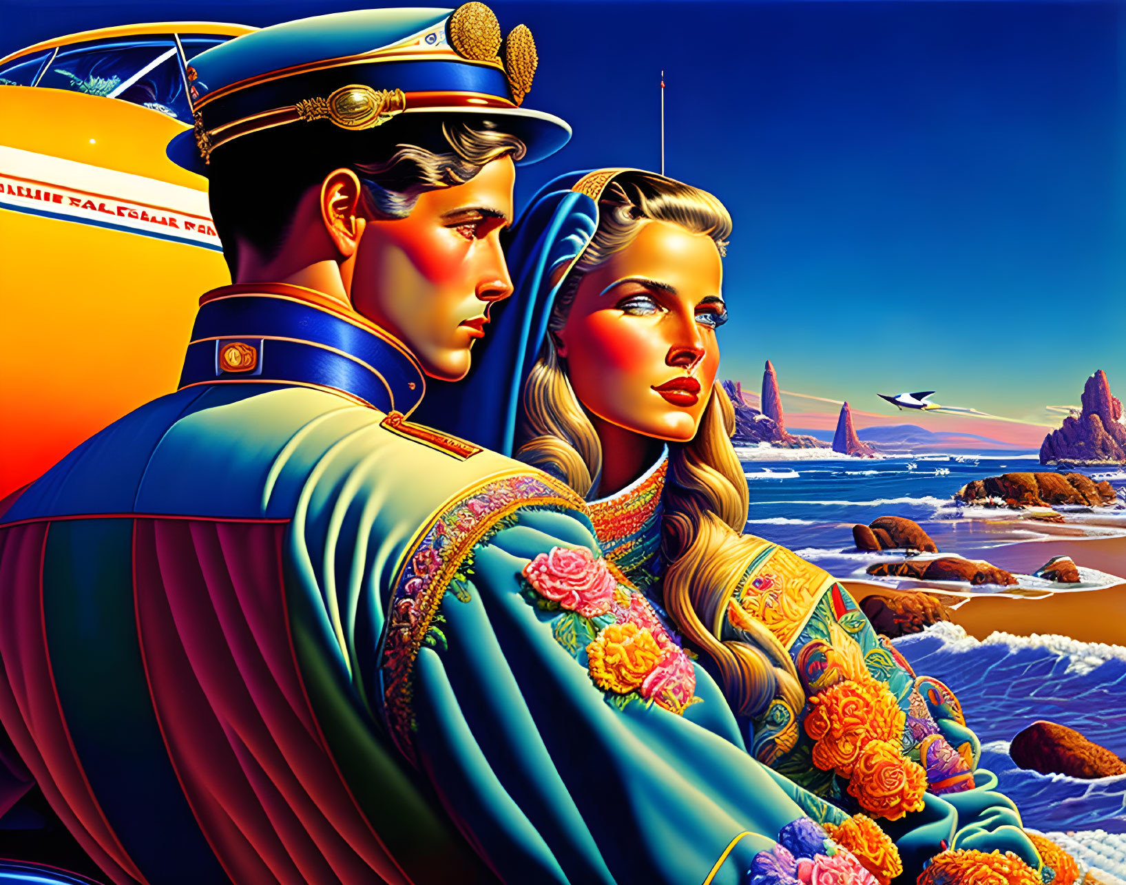 Colorful depiction of man and woman in ornate attire with vintage car against scenic backdrop