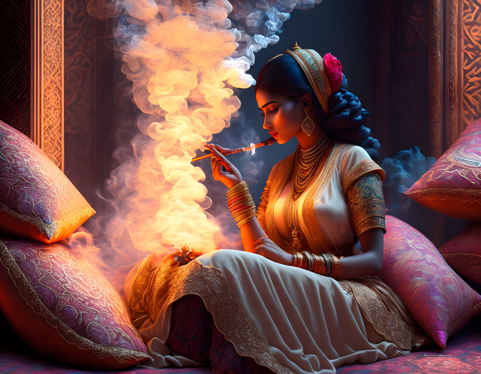 Traditional Indian Attire Woman Smoking Hookah in Luxurious Room