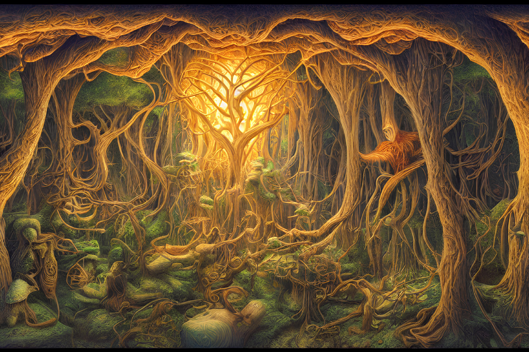 Enchanting forest scene with golden light, intertwining trees, and orangutan.