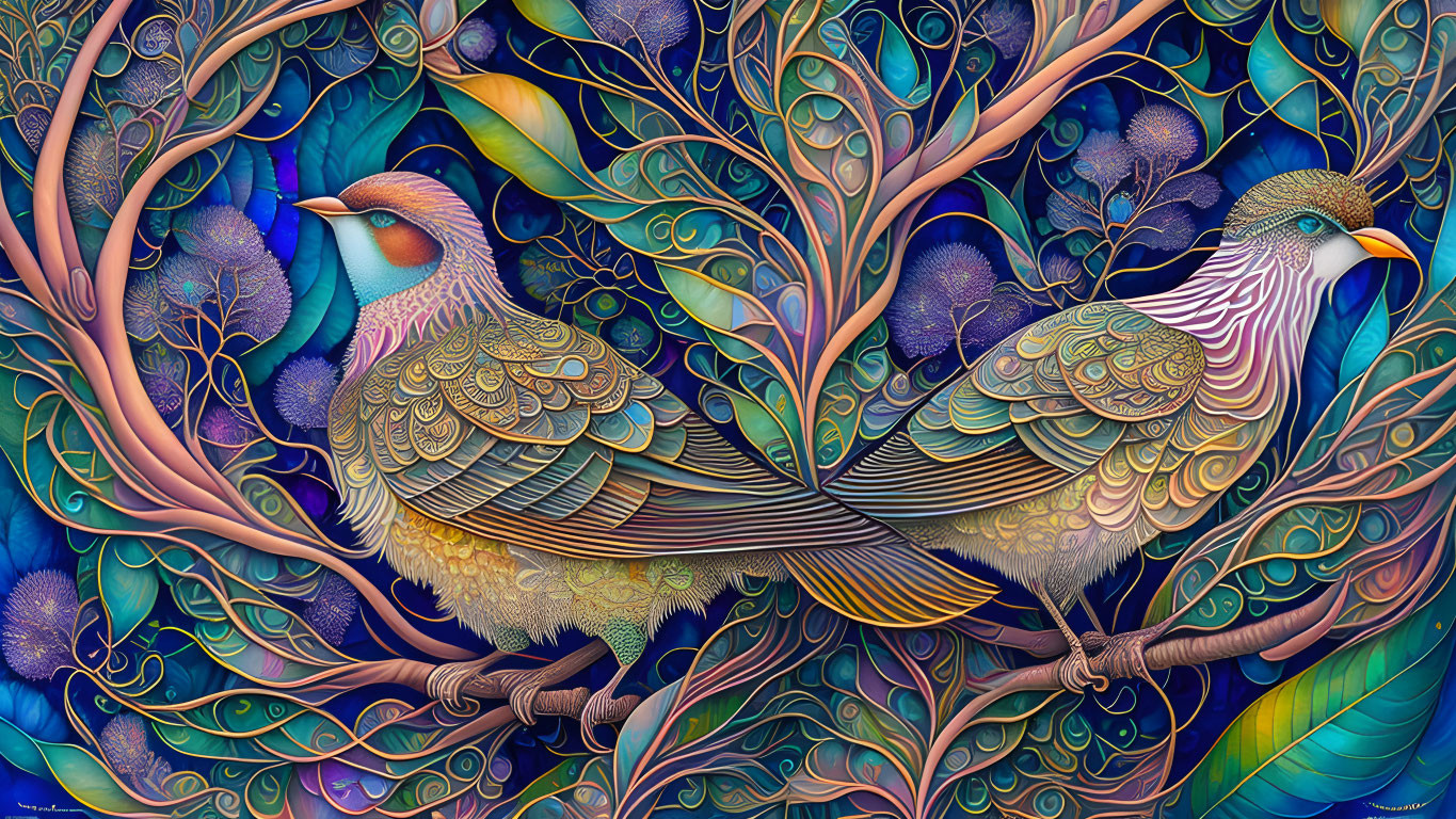 Colorful illustration of two stylized birds in intricate foliage - blues, purples, and gold