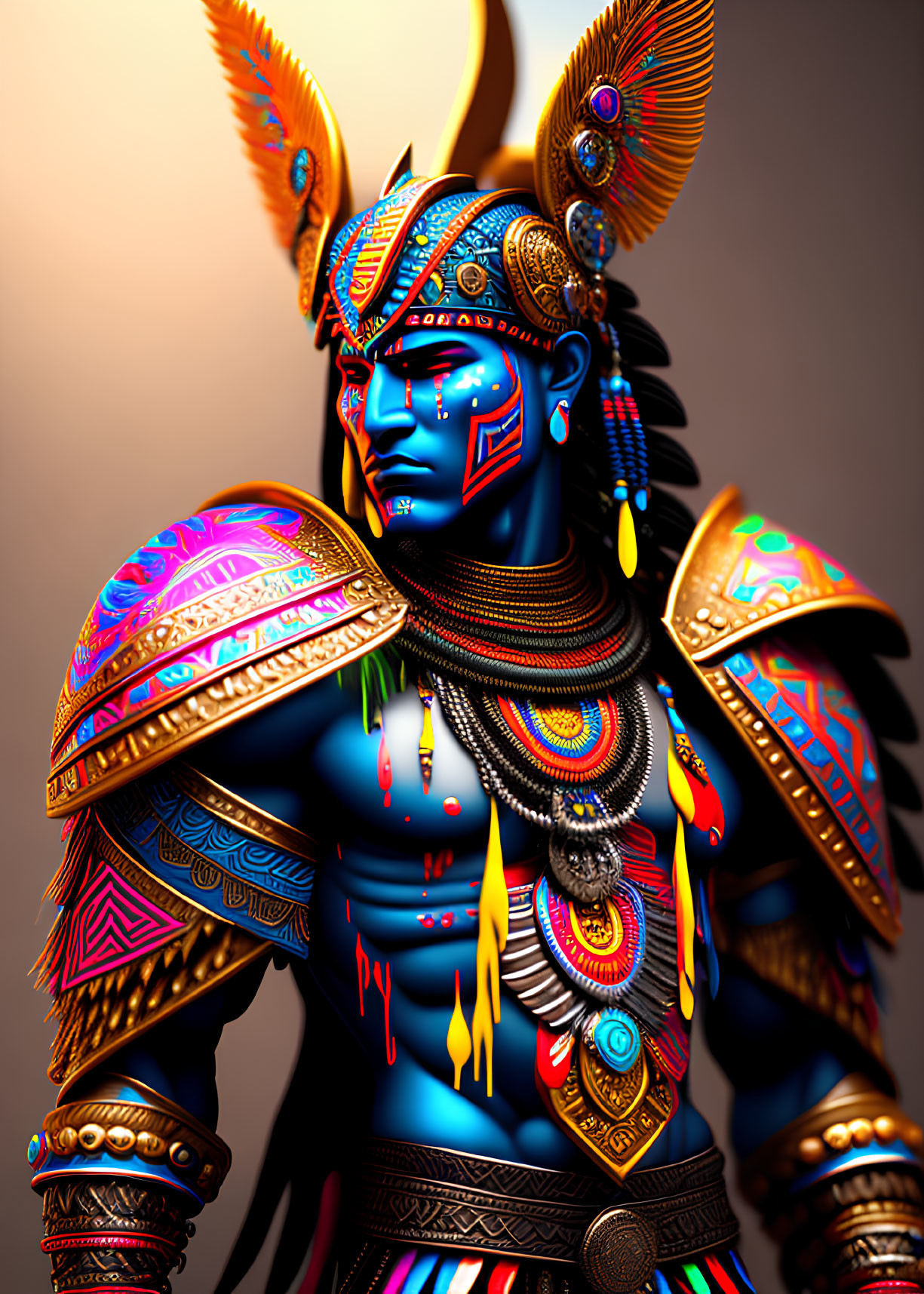 Vibrant digital artwork of character in tribal armor & feathers