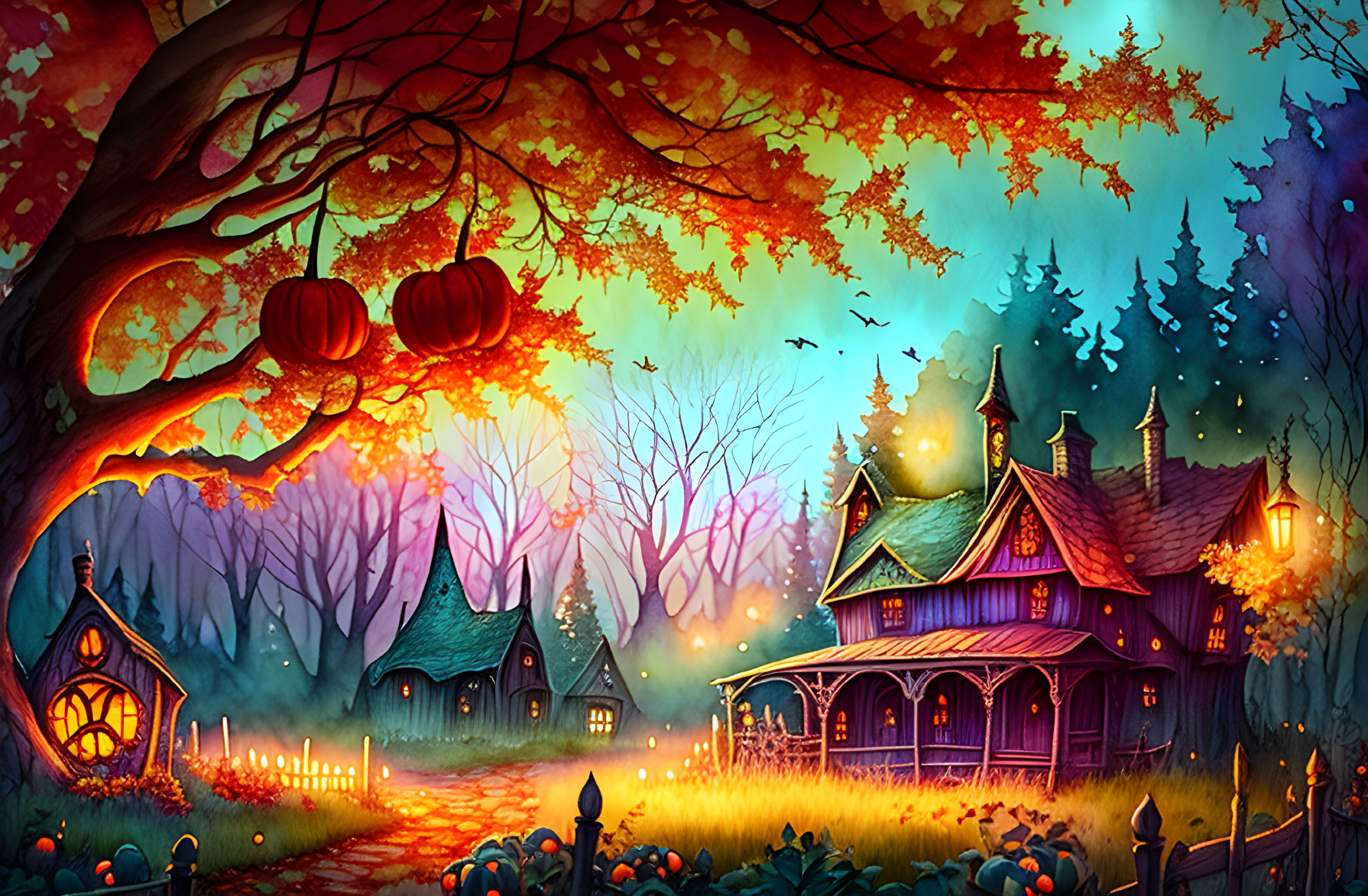 Enchanted autumn village with glowing pumpkins and mystical forest