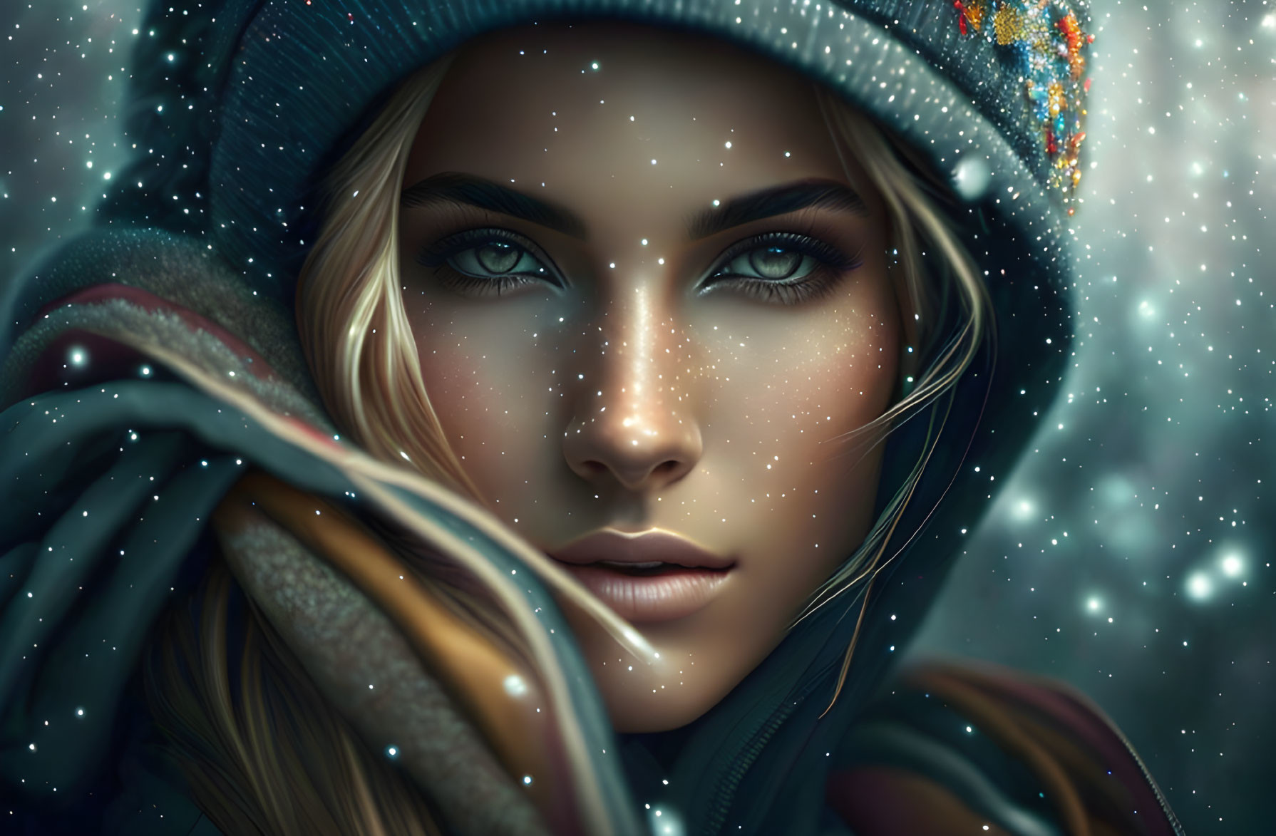 Blonde woman with blue eyes in beanie & jacket in snowy scene