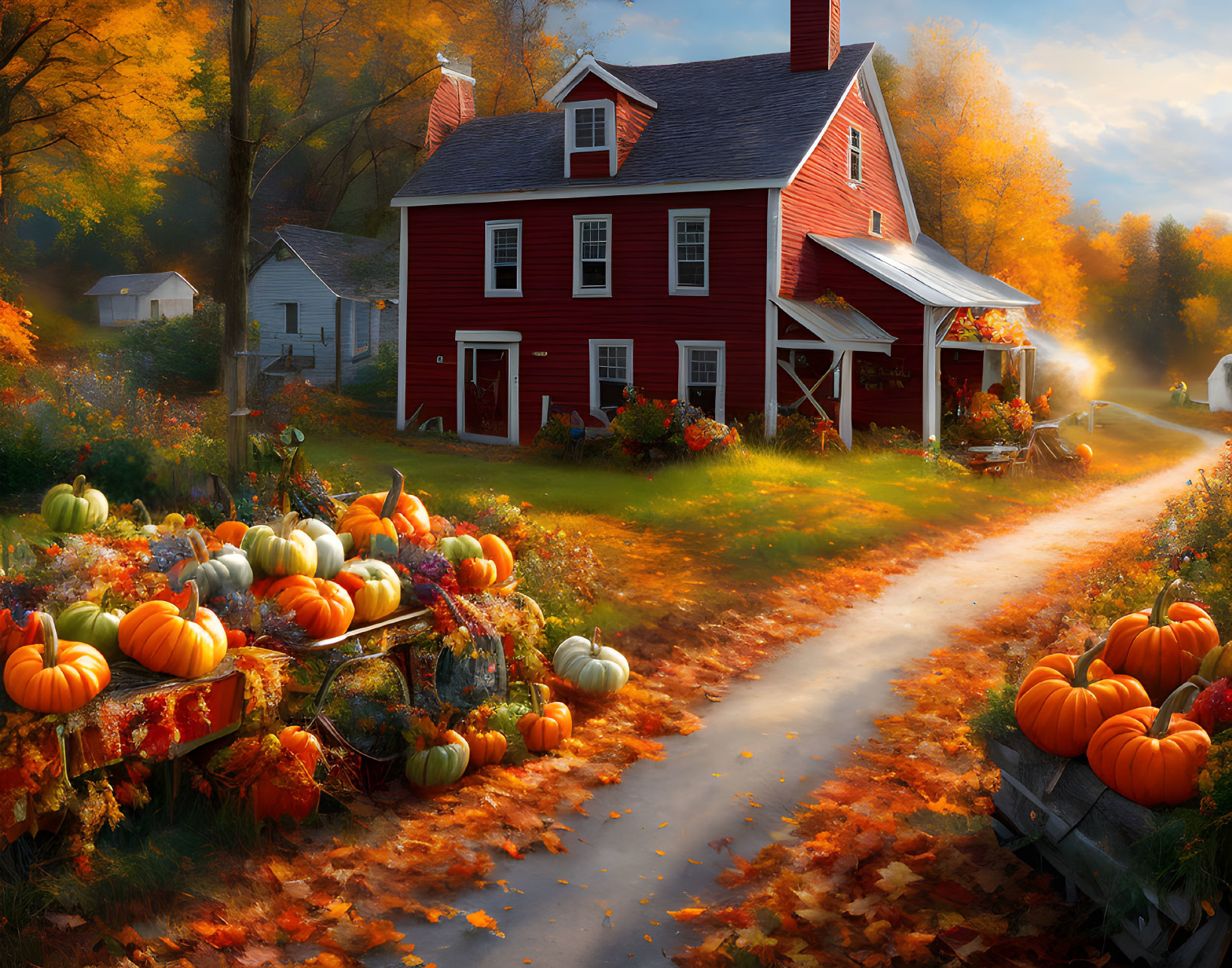 Red House Surrounded by Fall Foliage and Pumpkins at Sunset