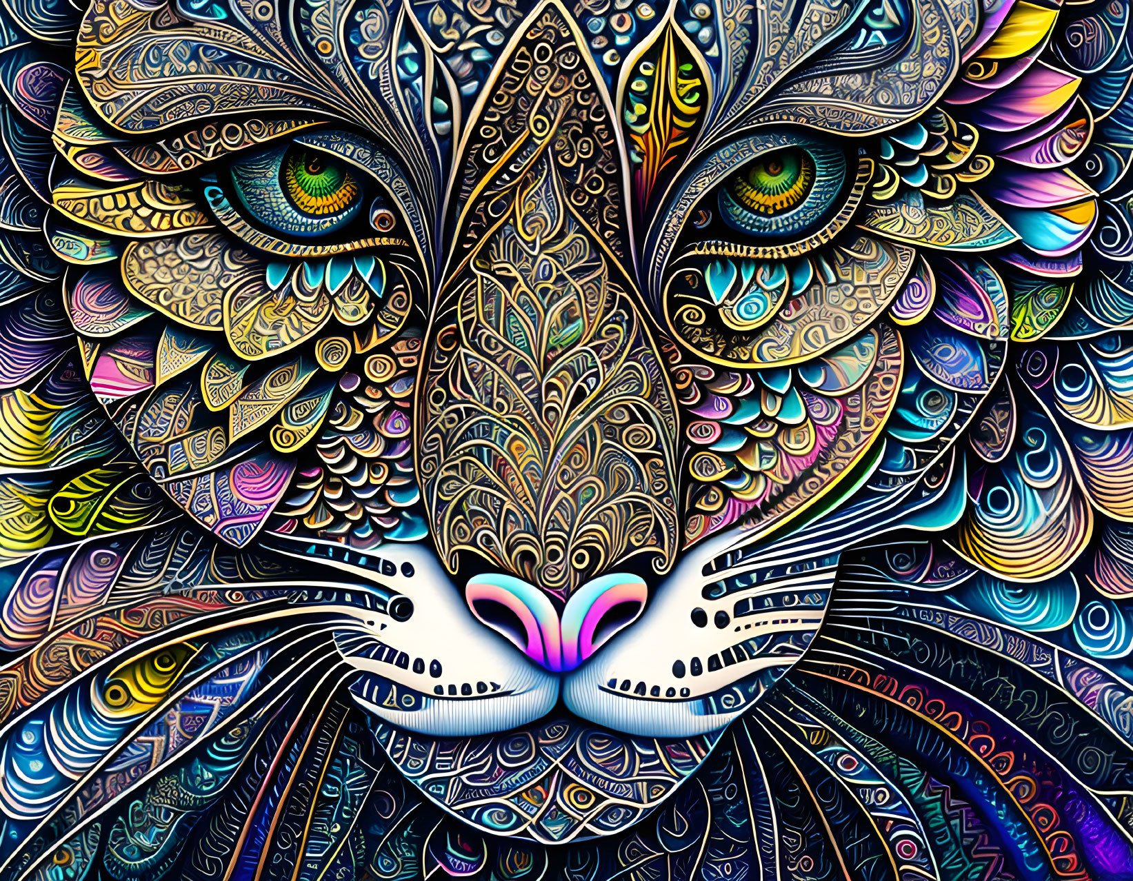 Colorful symmetrical cat face with vibrant eyes and intricate patterns.