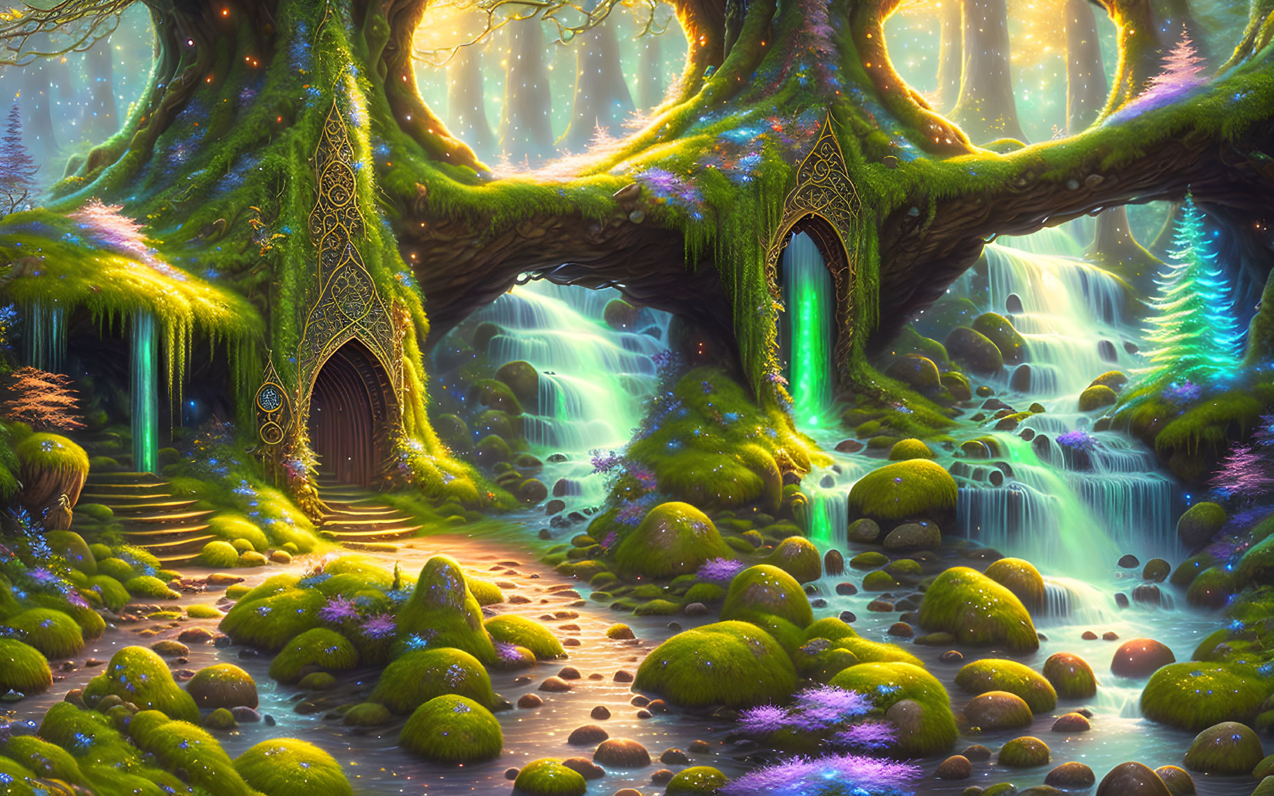 Mystical tree house in enchanted forest with glowing waterfalls