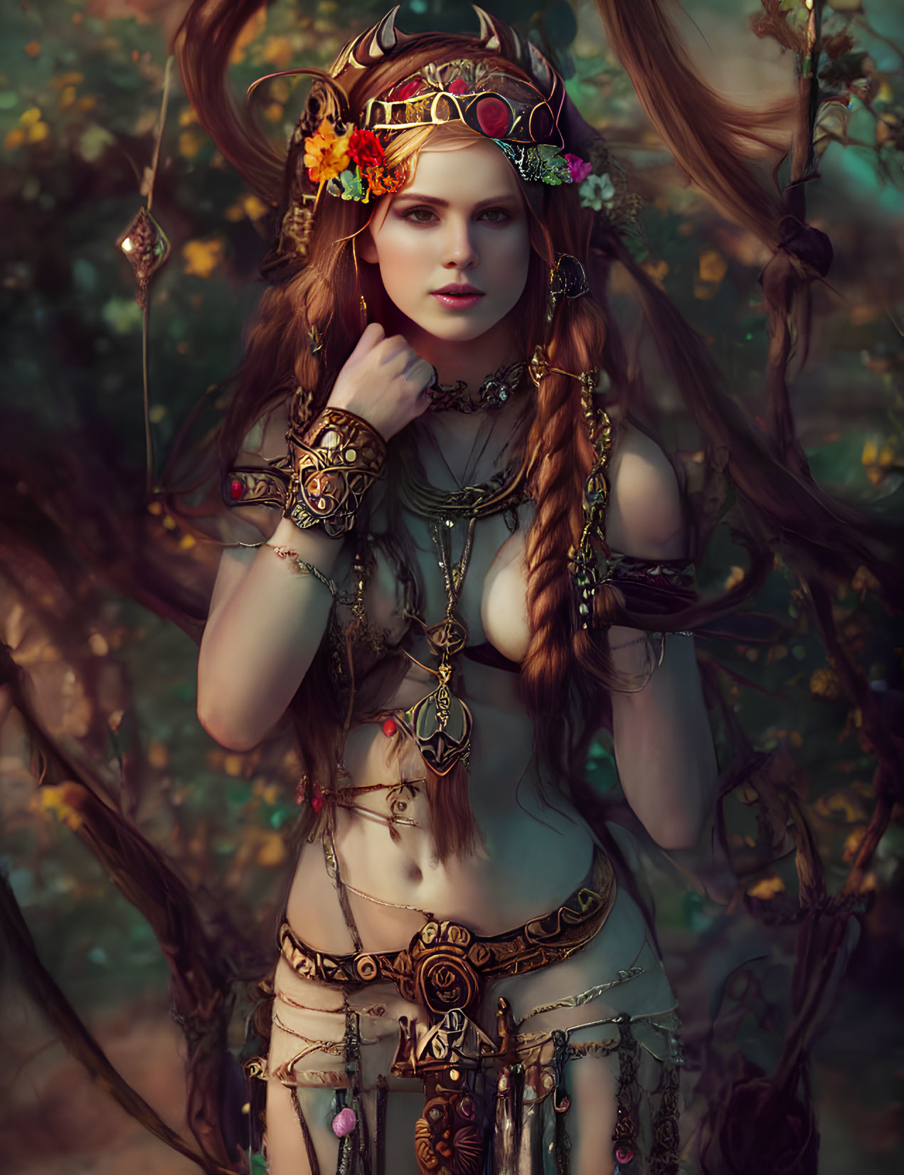 Elaborate fantasy tribal attire woman in mystical forest