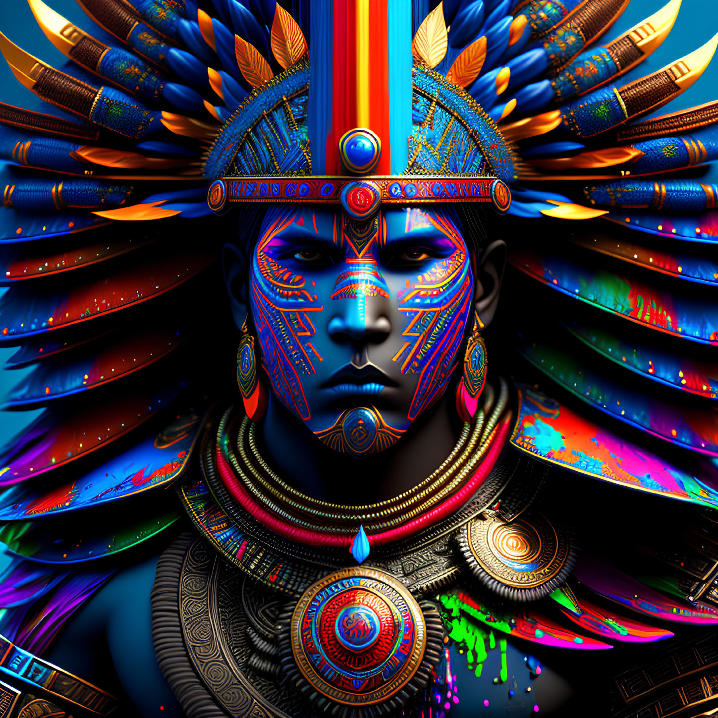 Colorful digital artwork: Figure with traditional headdress and intricate details