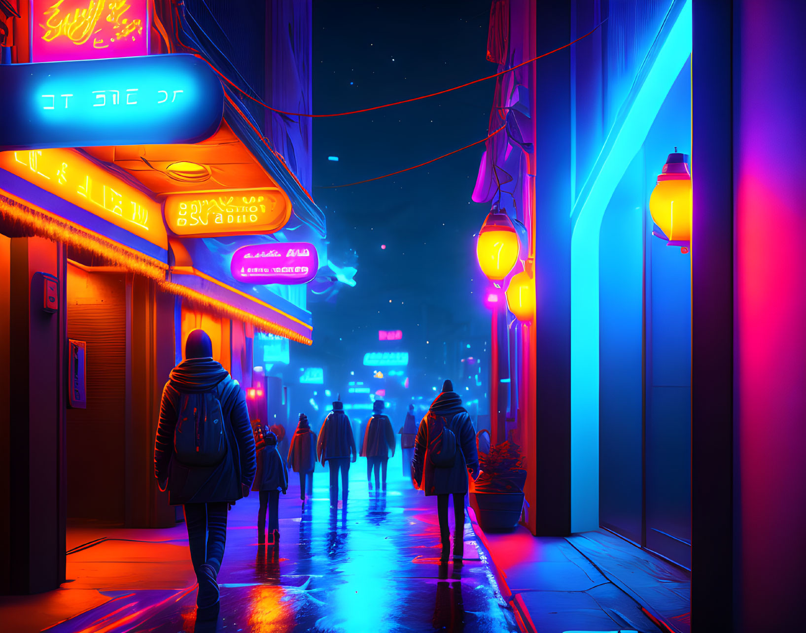 Vibrant urban street at night with neon lights and pedestrians