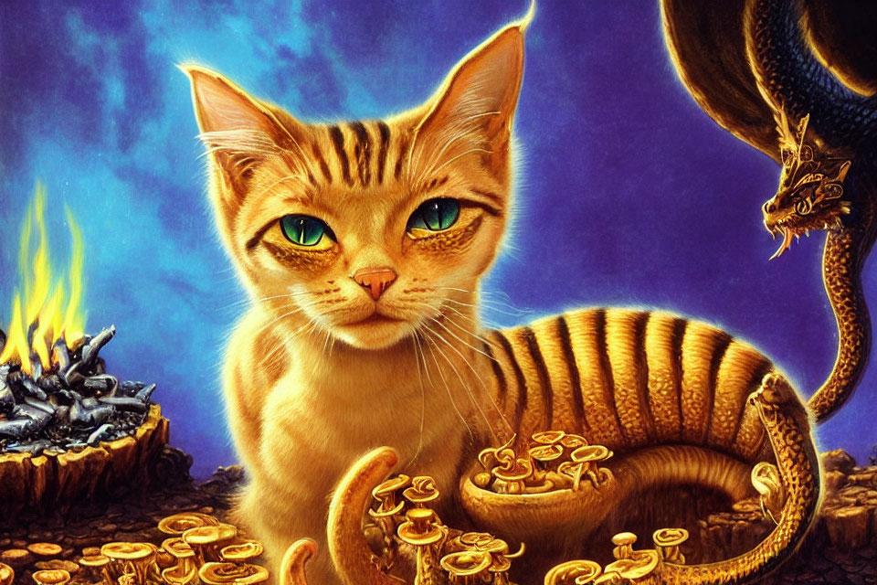 Illustration of cat with piercing eyes, gold coins, fire, and dragon.