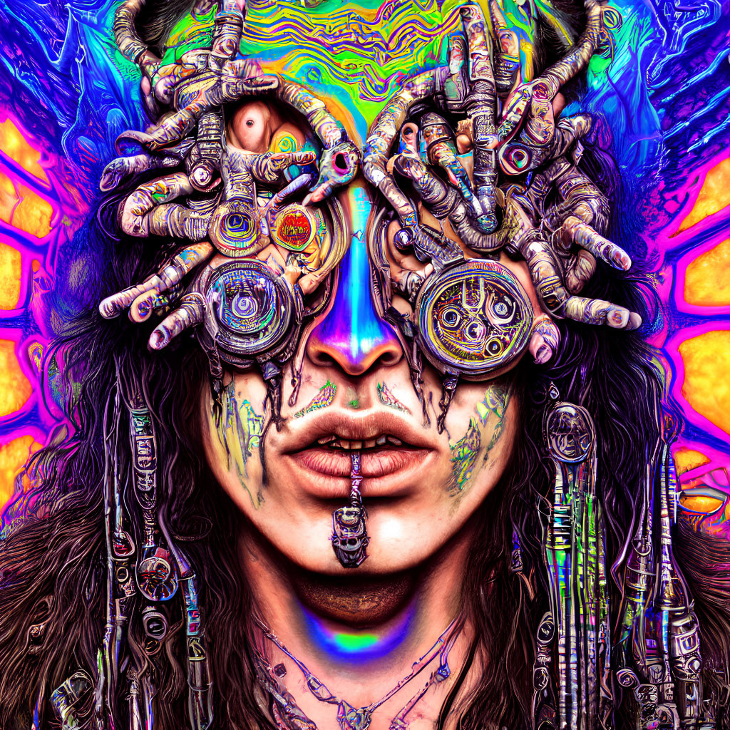 Colorful Psychedelic Portrait with Mechanical Fingers and Cybernetic Designs