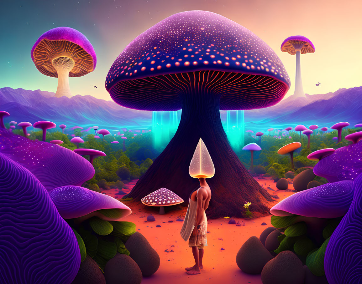 Colorful Giant Mushrooms in Surreal Landscape Under Purple Sunset Sky