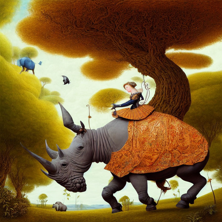 Woman playing violin on rhino's back in surreal landscape