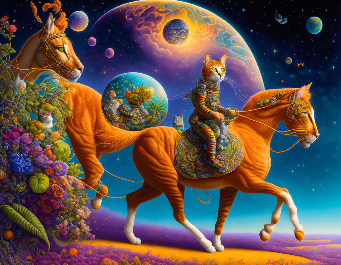 Fantasy artwork: Two cats with equine bodies galloping in celestial setting