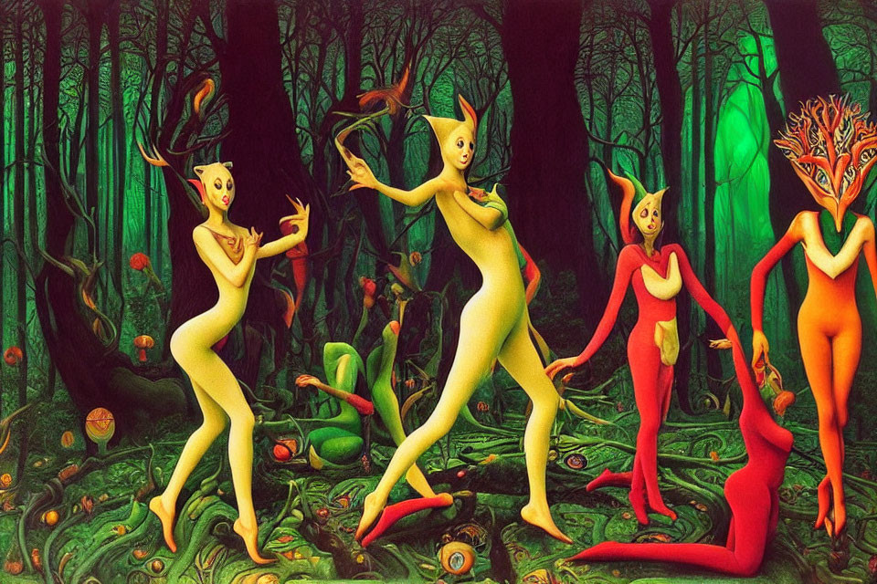 Surreal Artwork of Twisted Figures in Green Forest