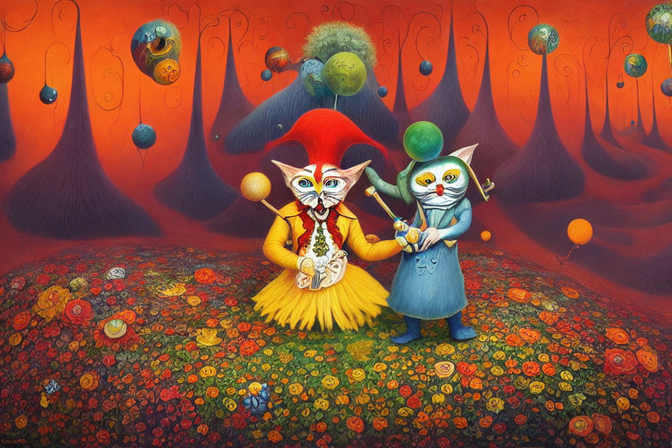 Fantastical painting of whimsical characters in colorful costumes and musical instruments in surreal landscape