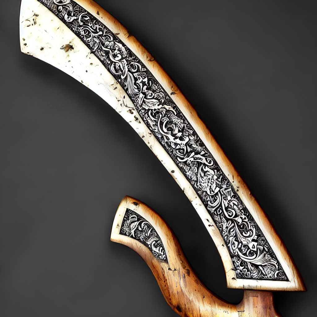 Intricate Black and White Patterned Curved Knife with Wooden Handle