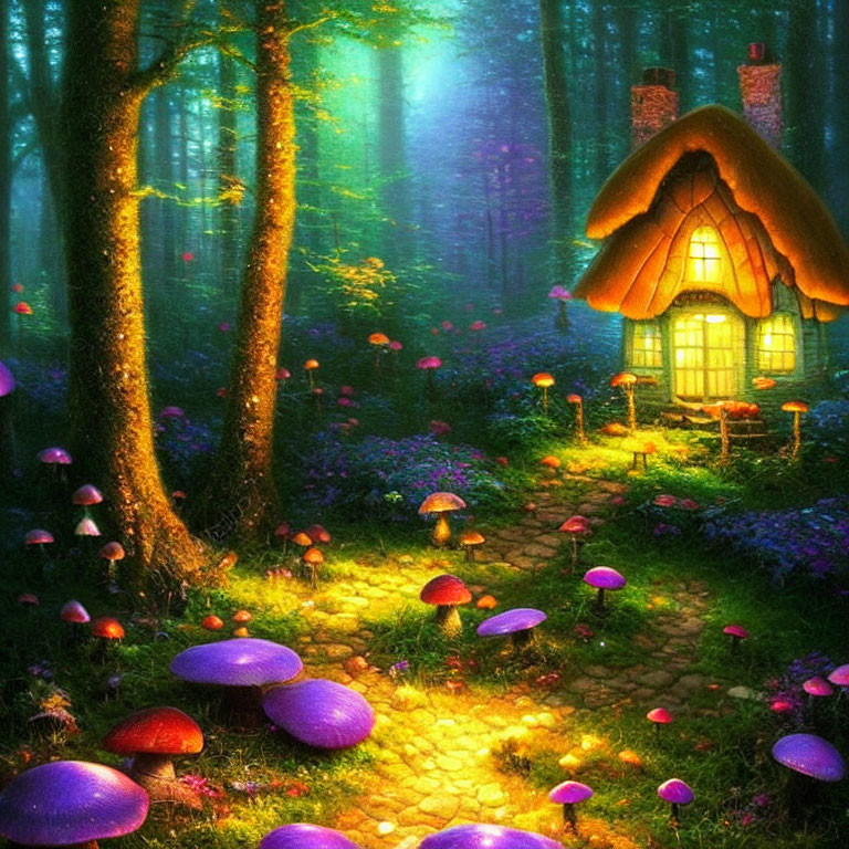 Enchanted forest cottage with thatched roof and vibrant mushrooms