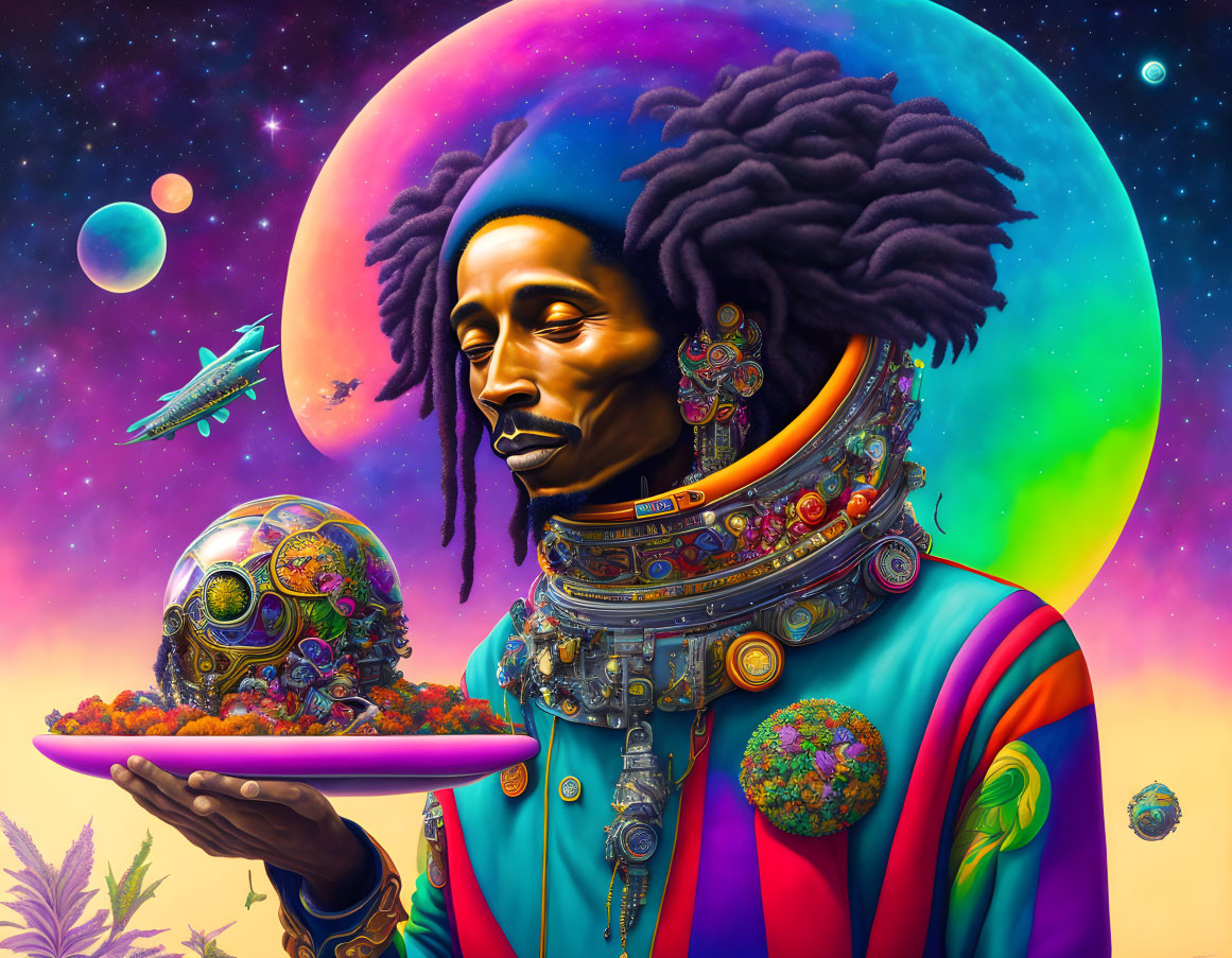 Digital artwork: Person with dreadlocks in futuristic suit holding helmet, cosmic backdrop.