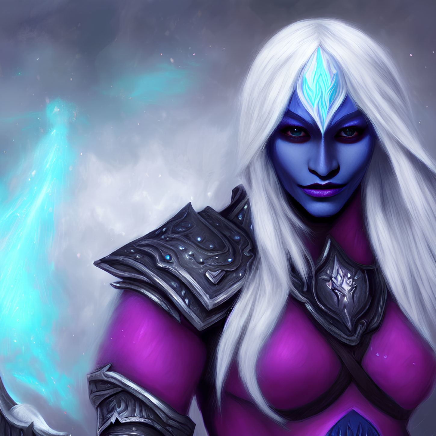 Blue-skinned female character with white hair, glowing eyes, tribal markings, dark armor.