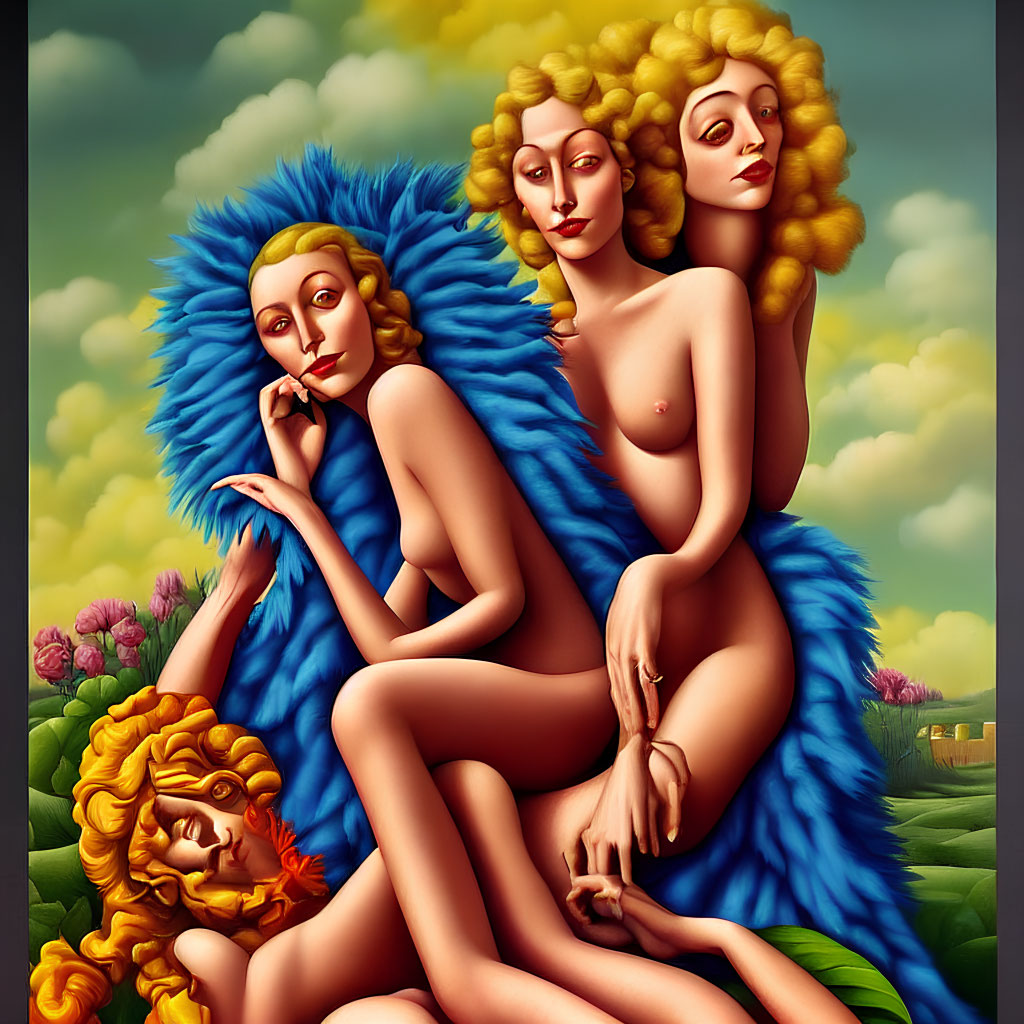 Stylized women with golden hair in blue feather boa against floral backdrop