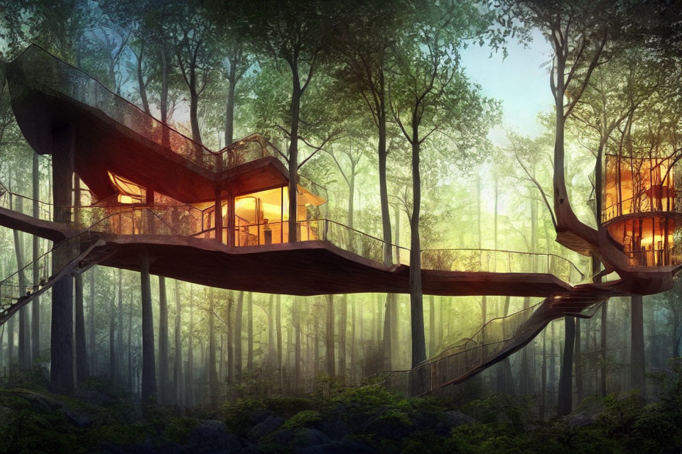 Modern treehouse with glowing interiors in misty forest