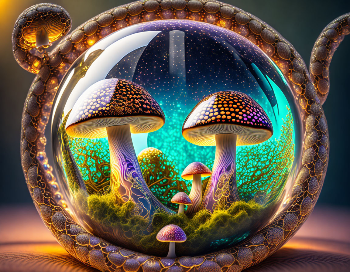 Colorful digital artwork: Glass teapot in surreal landscape with glowing mushrooms under starry sky