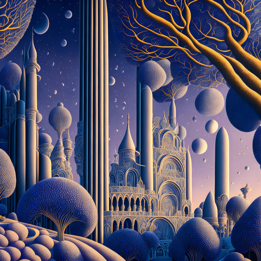 Fantastical illustration of surreal landscape with ornate towers, minarets, and multiple moons.