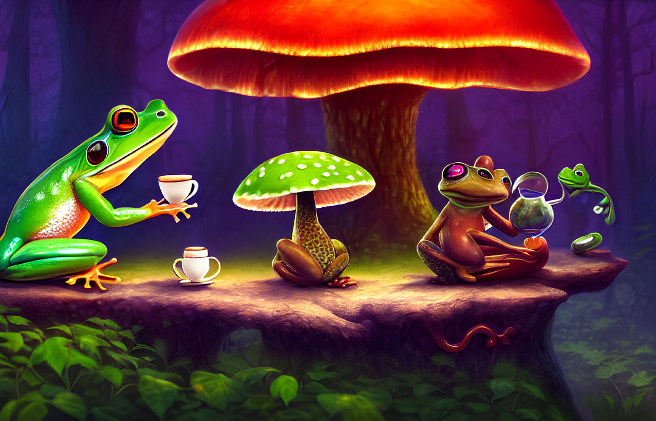 Whimsical frogs tea party under large mushroom in mystical forest