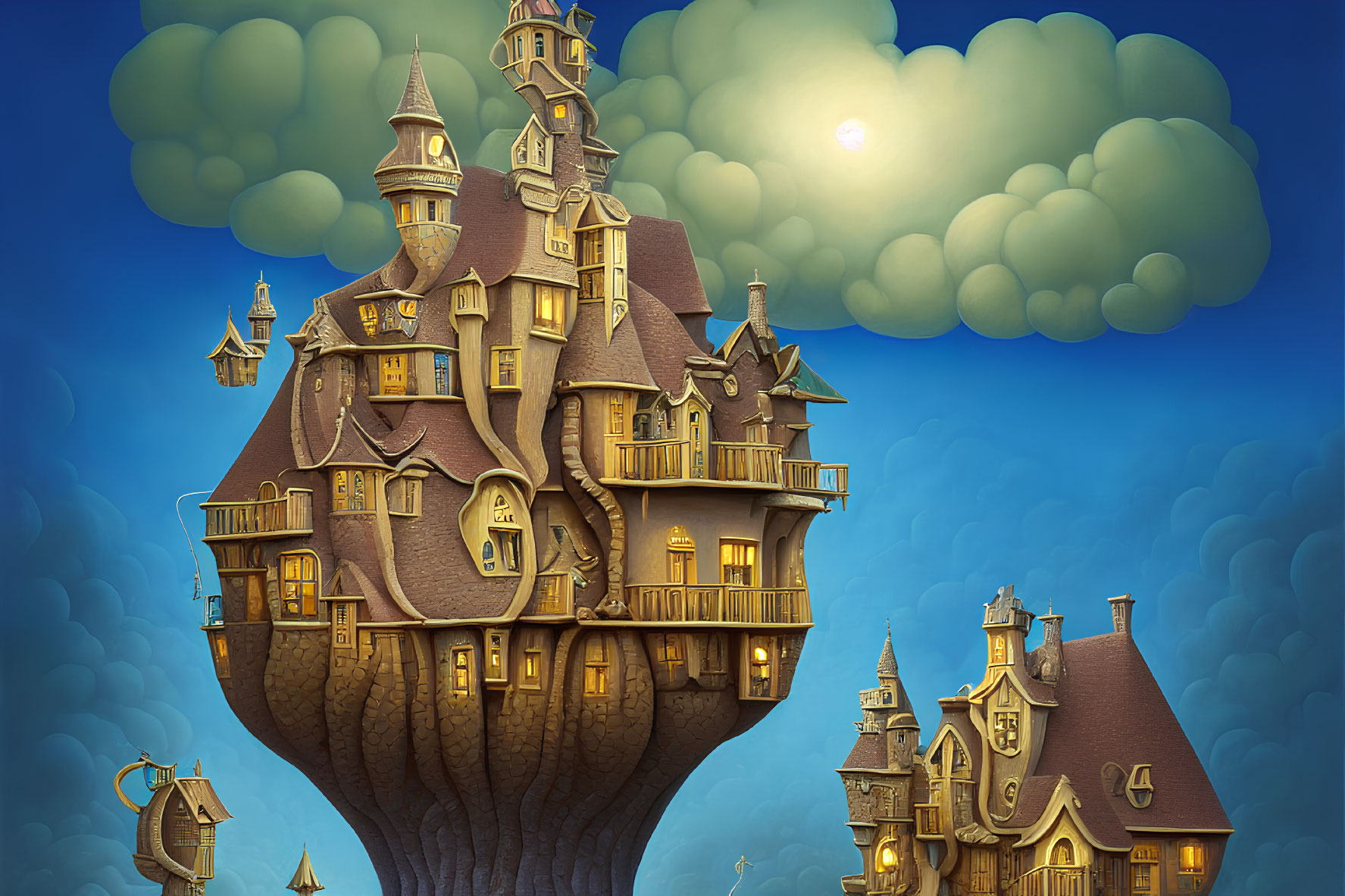 Whimsical treehouses with castle-like structures in sunset scene