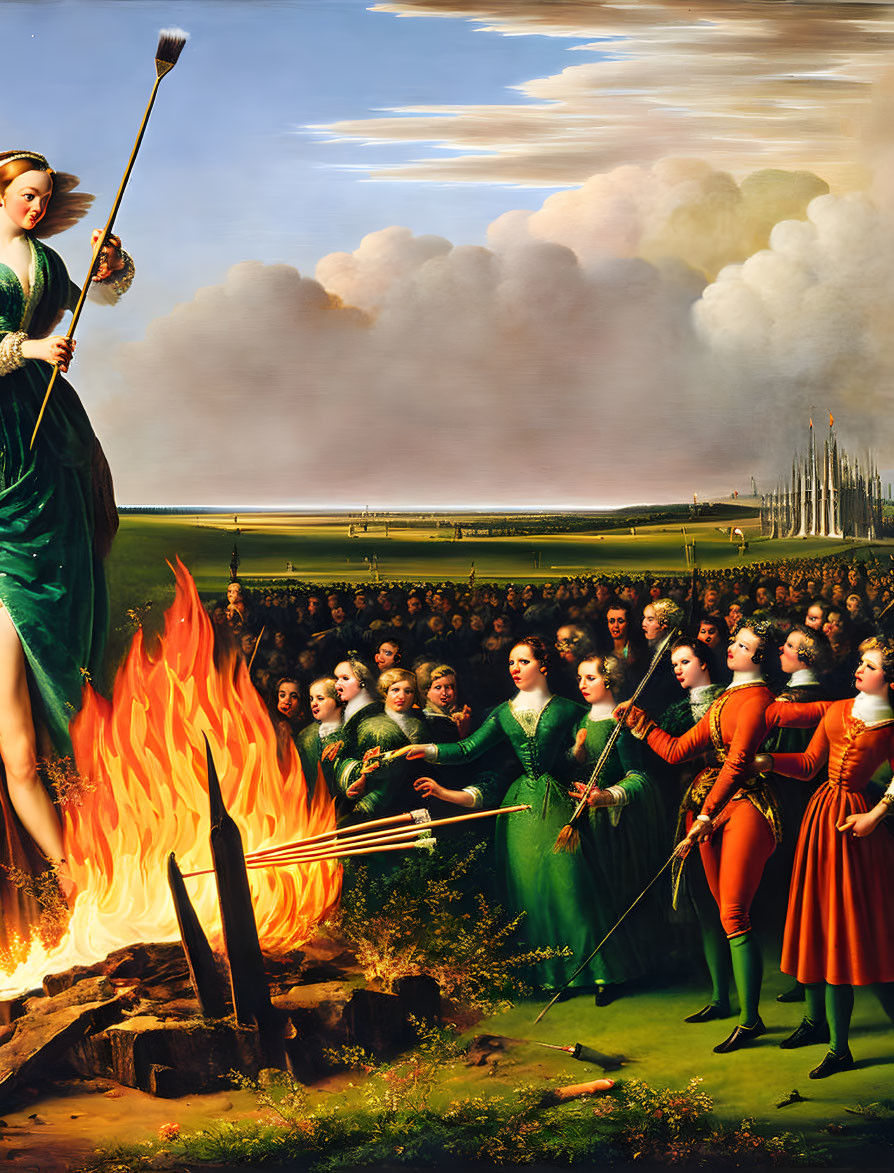 Giant Woman in Green Dress with Broom Over Fiery Scene of Women in Green and Orange Dresses