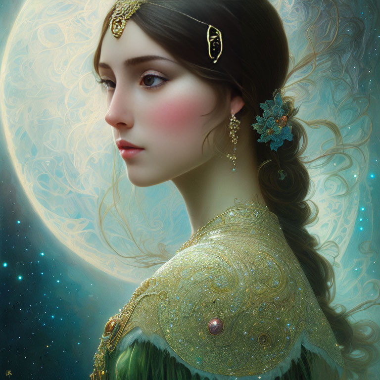 Ethereal woman with fantasy jewelry in celestial setting