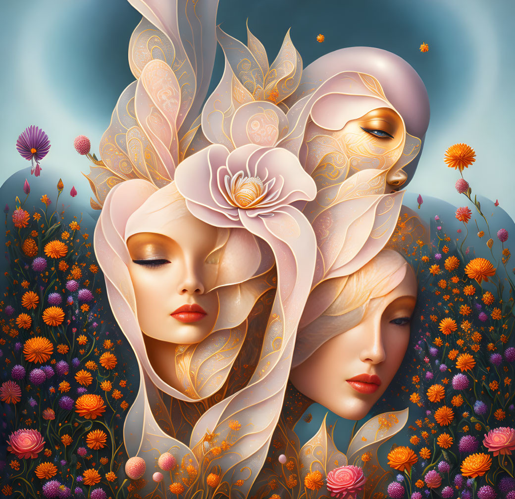 Ornate floral illustration with serene faces and vibrant flowers