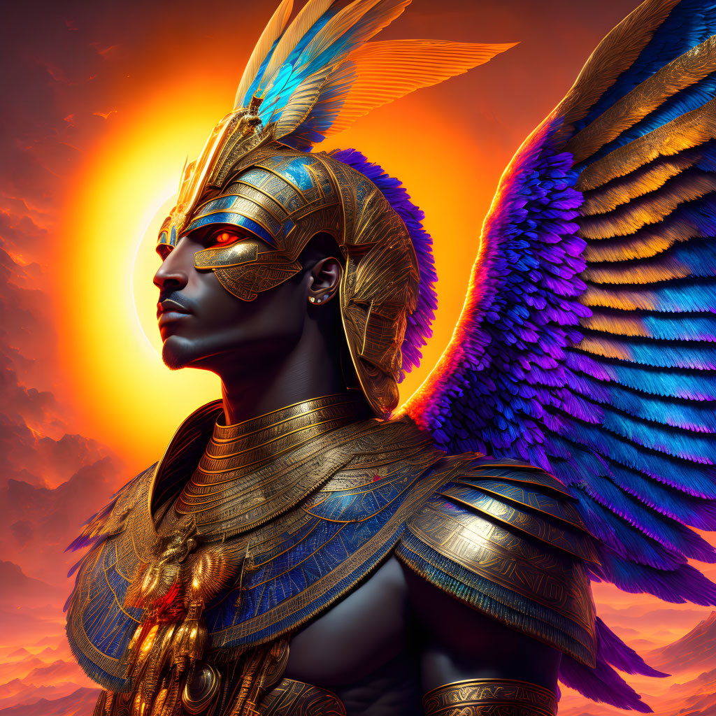 Person in Blue-Winged Armor Resembling Egyptian Deity in Orange Sky