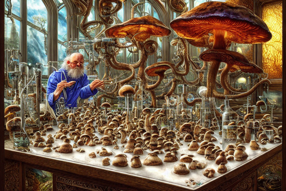 Elderly man in fantastical laboratory with oversized mushrooms