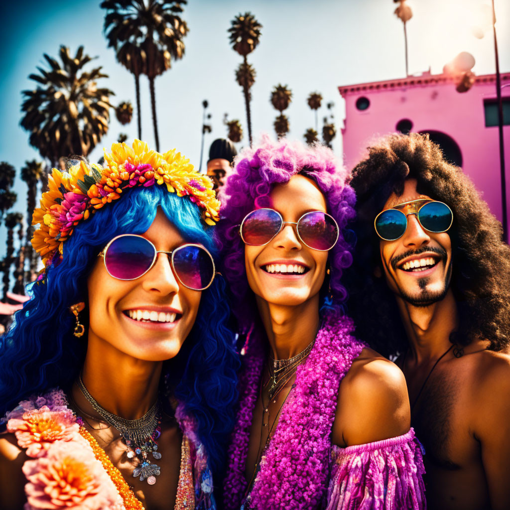 Colorful People with Retro Outfits and Sunglasses Smiling