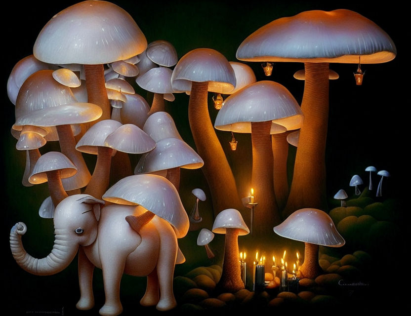 Illustrated Baby Elephant with Glowing Mushrooms and Candles