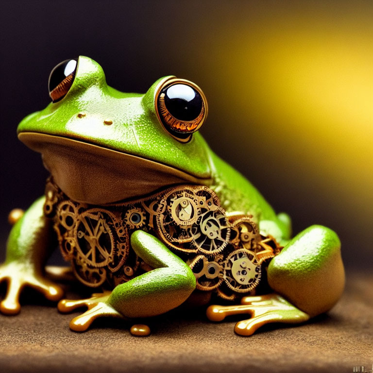 Green frog with metallic gears on golden backdrop